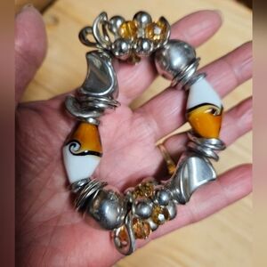 Vintage Glass and Metal Ethnic Chunky Stretch Bracelet